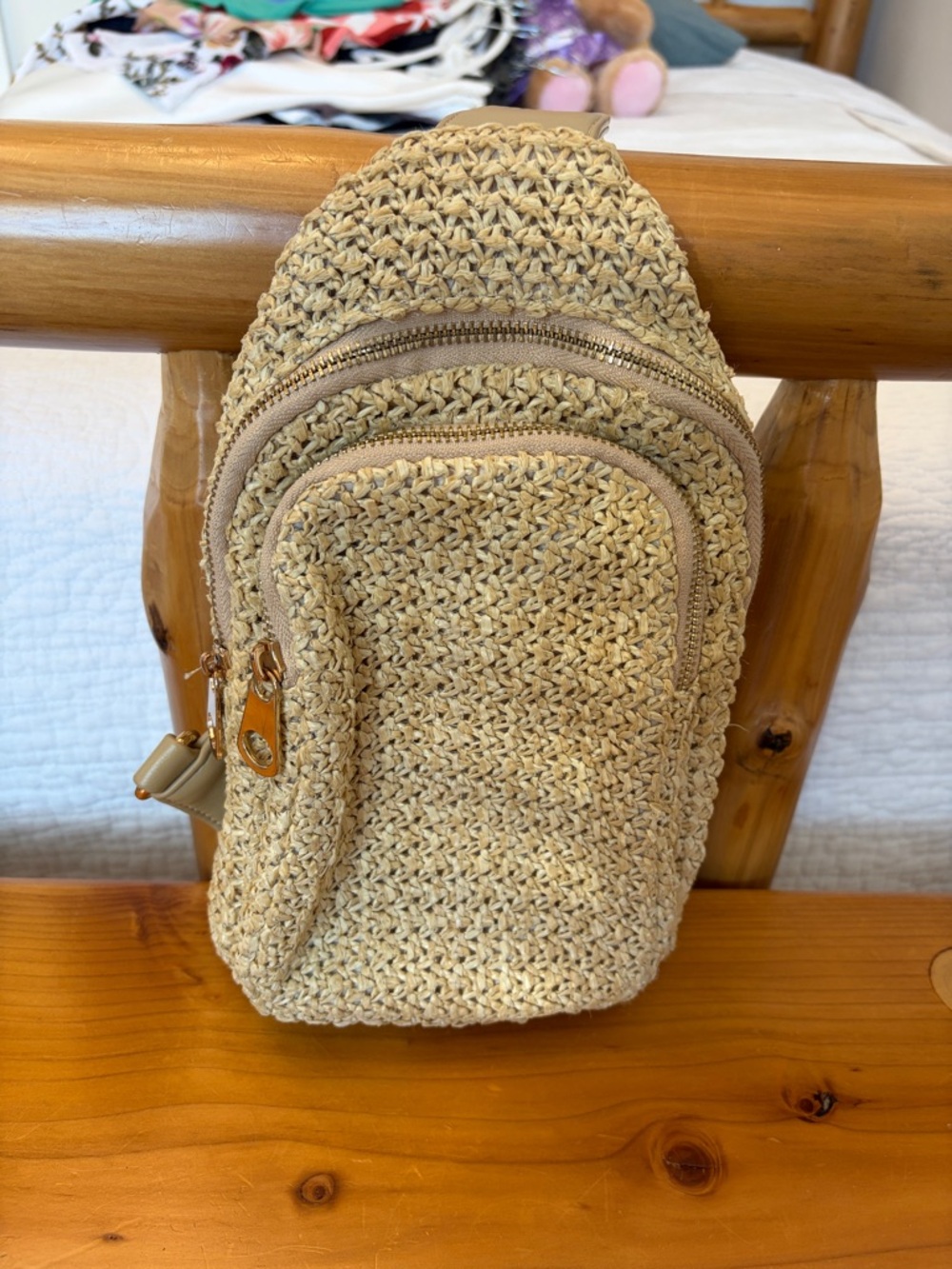 Woven Straw Crossbody Sling Bag in Natural Beige